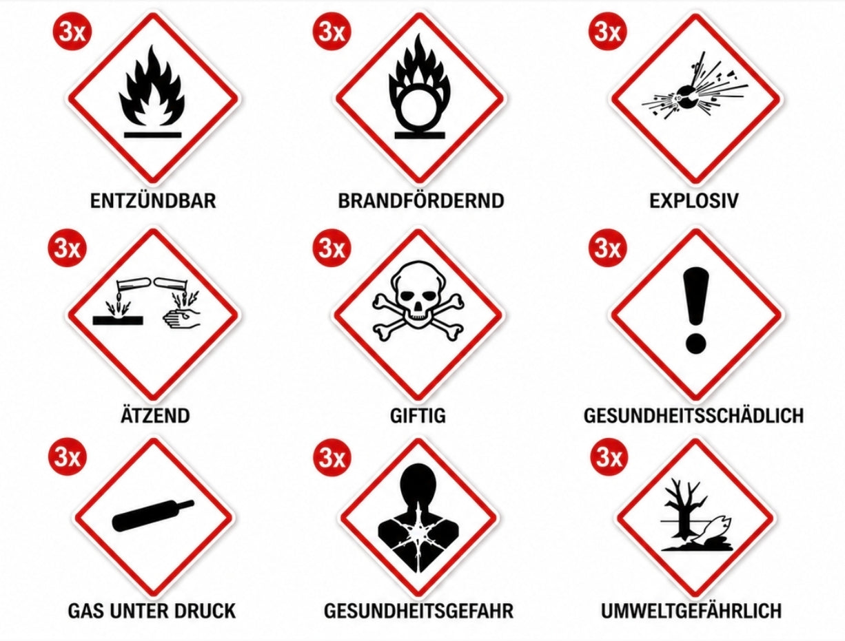 GHS Gefahrstoff-Aufkleber 9 Symbole Set CLP Kennzeichnung 50x50 / 100x100