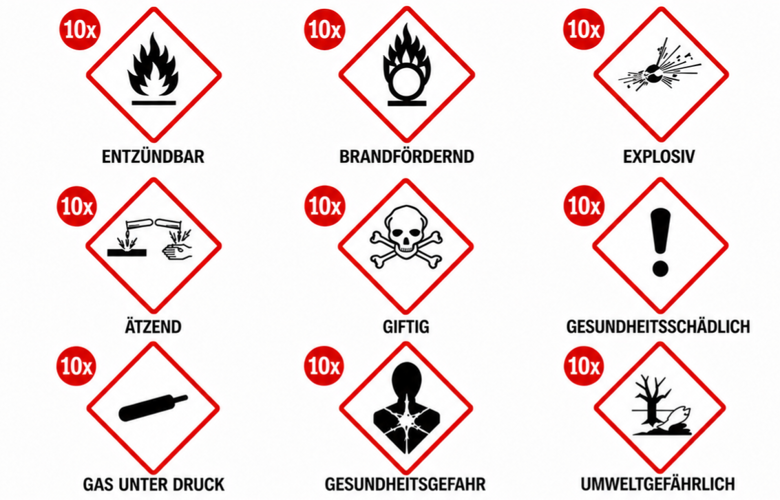 GHS Gefahrstoff-Aufkleber 9 Symbole Set CLP Kennzeichnung 50x50 / 100x100