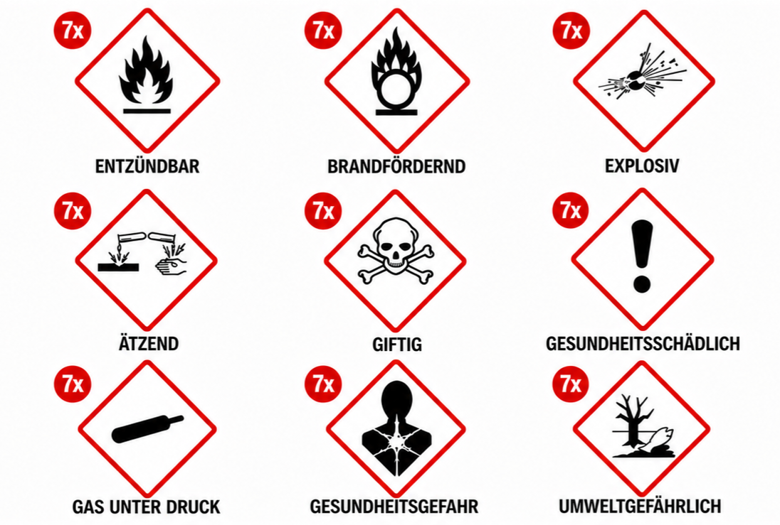 GHS Gefahrstoff-Aufkleber 9 Symbole Set CLP Kennzeichnung 50x50 / 100x100