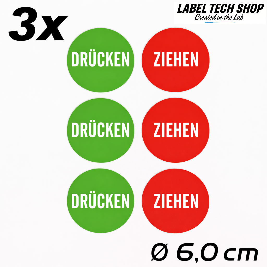 1x Drücken 1x Ziehen Aufkleber 6,0 cm Ø Sticker Hinweiszeichen Gebotszeichen Schild Außenbereich Innenbereich 119