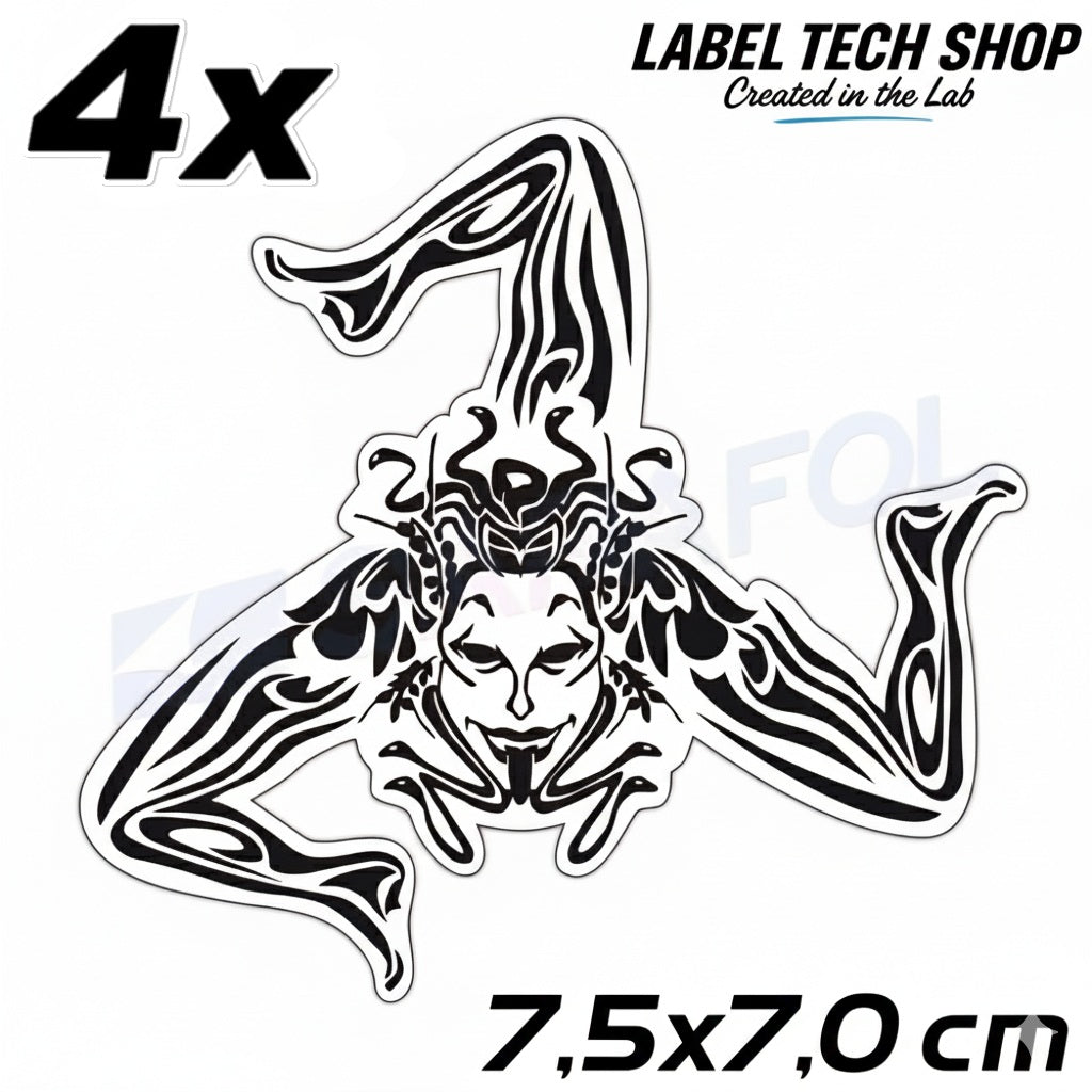 4x Sizilien Trinacria Aufkleber Transparent Schwarz – Sicilia Sticker 7,5x7,0cm (064)