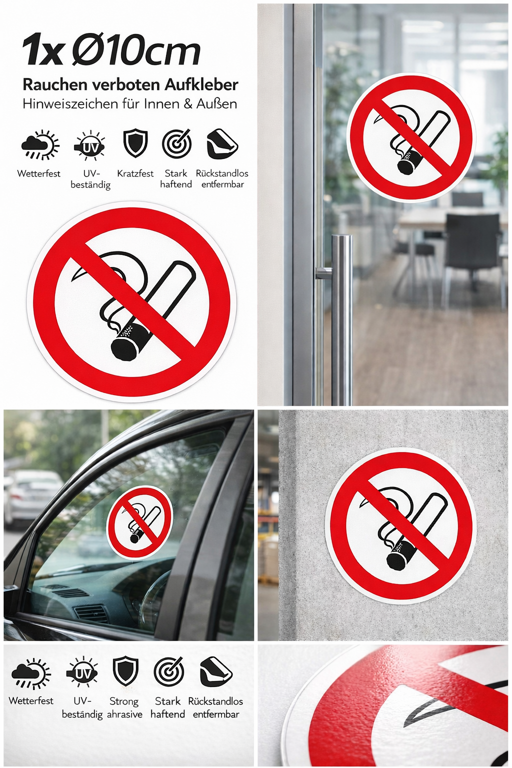 Rauchen verboten Aufkleber Ø10cm – No Smoking Sticker – No Fumar Hinweiszeichen Innen & Außen – Verbotsschild (127)