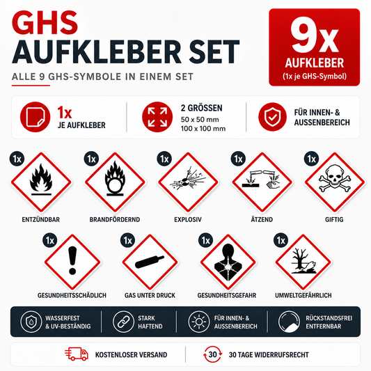 GHS Gefahrstoff Aufkleber Paket 9 Symbole Set Arbeitssicherheit Kennzeichnung 50x50 / 100x100